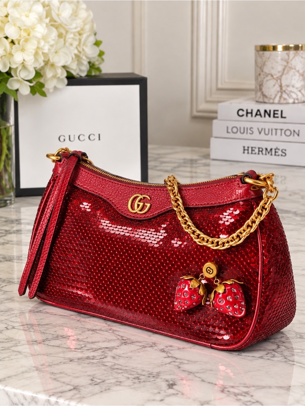 GUCCI Red Sequin Strawberry Charm Shoulder Crossbody Bag — NEW - Picture 2 of 8
